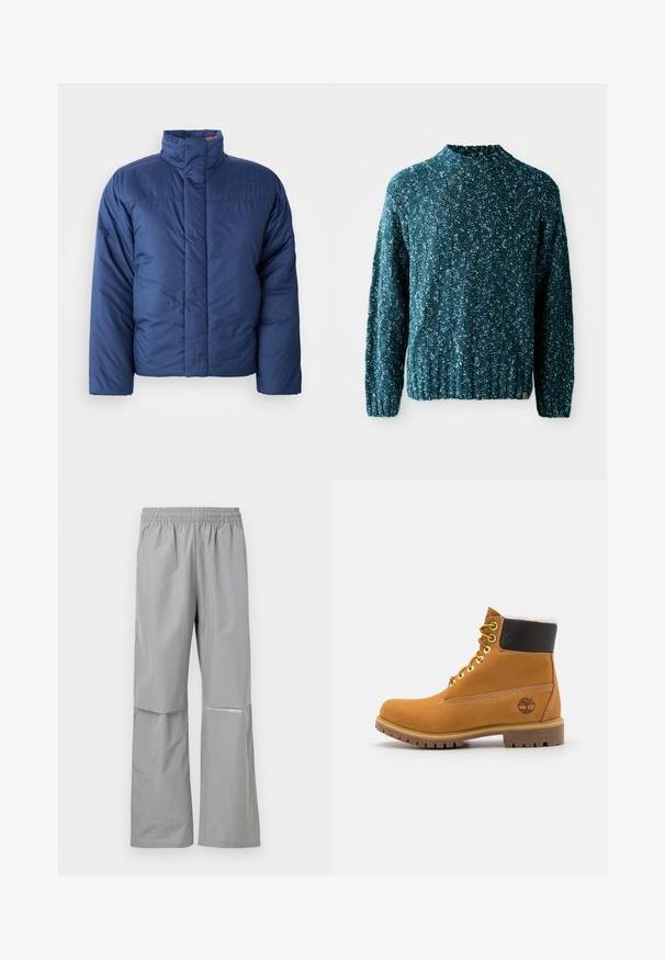 Marineblauer Daunenjacke mit hohem Kragen, vorderem Reißverschluss und gestepptem Design. Mit Logo auf der linken Brustseite.; Türkisfarbener Strickpullover mit strukturiertem Muster, hohem Kragen und geripptem Saum. Hergestellt aus einem weichen Stoff mit leicht lockerer Passform.; Hellgraue wasserdichte Regenhose mit elastischem Bund und reflektierendem Streifen am rechten Bein, für den Außeneinsatz konzipiert.; Braune Leder-Ankle-Boots mit Metallösen, weißem Kunstfellfutter, schwarzem gepolstertem Kragen, robustem Sohlenprofil und geprägtem Logo an der Seite.