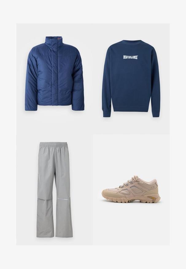 Marineblå dunjakke med høj krave, frontlynlås og quiltet tekstur. Har logo på venstre brystområde.; Mørkeblå crewneck-sweatshirt med lange ærmer og hvidt "New Balance"-logo centreret på brystet.; Lysegrå vandtætte regnbukser med elastisk talje og refleksstribe på højre ben, designet til udendørs brug.; Beige sportsko med en tekstureret mesh-overdel, syntetisk overlay og en Vibram-sål. Har snøresystem og detaljer på sidepanelet.