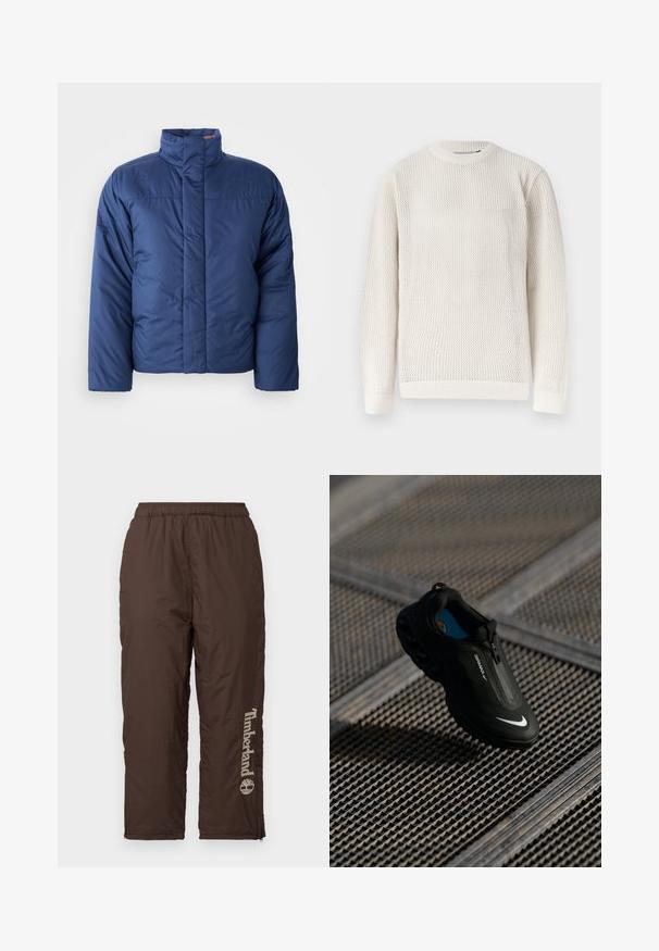 Marineblå dunjakke med høj krave, frontlynlås og quiltet tekstur. Har logo på venstre brystområde.; Flødefarvet, langærmet strikket sweater med mønstret honningkageeffekt og ribkant ved krave, manchetter og kant.; Brune nylonbukser med elastisk talje. Har et lodret Timberland-logo i lys beige. Glat tekstur, ankel-lynlåse til justering af pasform.; Sort Nike Air Max sko med et strømlinet design, lynlås-lukning, struktureret overdel og fremtrædende hvidt logo på siden, sat mod en gitterbaggrund.