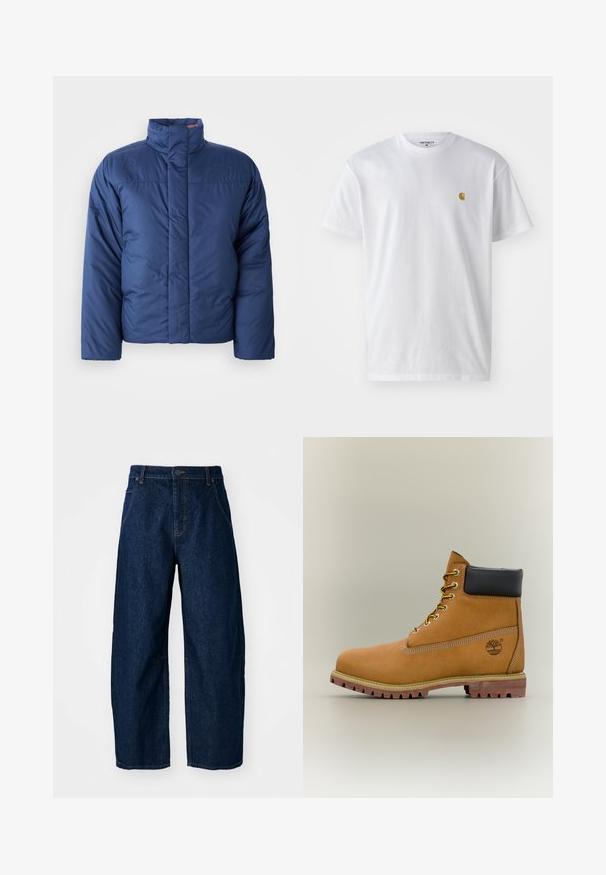 Marineblauer Daunenjacke mit hohem Kragen, vorderem Reißverschluss und gestepptem Design. Mit Logo auf der linken Brustseite.; Weißes Baumwoll-T-Shirt mit kurzen Ärmeln, Rundhalsausschnitt, mit einem kleinen goldenen Logo im linken Brustbereich. Weicher Stoff und normale Passform.; Hellebeine Jeans aus dunklem Denim mit hoher Taille, fünf Taschen, vorderem Knopfverschluss und sichtbaren Nähten.; Brauner Leder-Stiefelette mit schwarzem Kragen, gelben Schnürsenkeln und hellbrauner Sohle. Verfügt über ein Logo und weiße Ziernähe. Robuste Profilsohle.