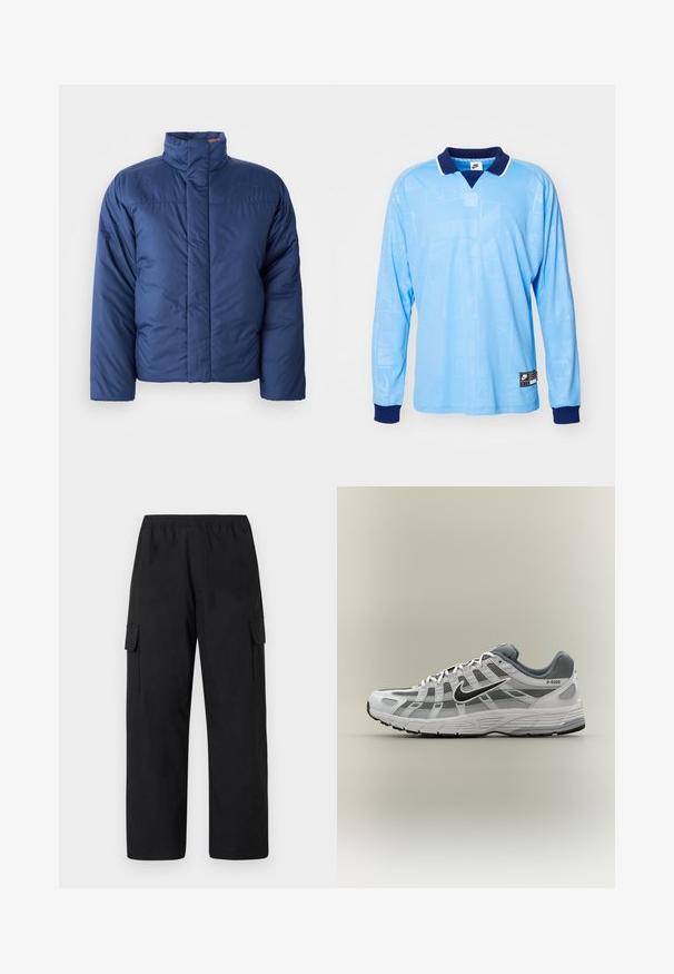 Marineblauer Daunenjacke mit hohem Kragen, vorderem Reißverschluss und gestepptem Design. Mit Logo auf der linken Brustseite.; Hellblauses Langarm-Polohemd mit marineblauem Kragen und Bündchen, das ein dezentes Allover-Muster und Nike-Logoprint am unteren Saum aufweist.; Schwarze Cargohosen mit elastischem Bund, zwei seitlichen Cargotaschen und lockerem, geradem Bein. Hergestellt aus leichtem Material.; Weißer und grauer Nike P-6000 Sneaker mit schwarzem Swoosh, Netzpaneelen und strukturierter Sohle, seitlich auf neutralem Hintergrund dargestellt.