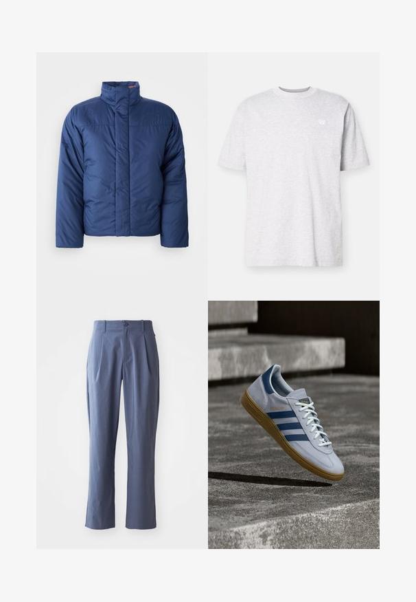Marineblauer Daunenjacke mit hohem Kragen, vorderem Reißverschluss und gestepptem Design. Mit Logo auf der linken Brustseite.; Helles graues Baumwoll-T-Shirt mit kurzen Ärmeln, rundem Ausschnitt und einem kleinen weißen Logo auf der linken Brust. Weicher Griff, lässige Passform.; Marineblaue Hose mit Falten, gerader Schnitt, aus leichtem Stoff, mit einem einzigen Frontknopfverschluss und Gürtelschlaufen.; Hellblauer Adidas Spezial Sneaker mit dunkelblauen Streifen und Gummisohle, in der Luft über Betontreppen in neutralem Außenbereich gezeigt.
