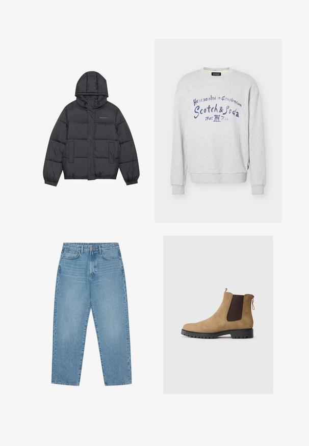 Doudoune en gris foncé avec fermeture éclair, capuche, deux poches avant, poignets élastiques et coussins cousus créant une texture. Logo sur la poitrine.; Sweat-shirt gris clair à manches longues avec texte manuscrit bleu « Handpainted in Amsterdam Scotch & Soda 1985 » au centre devant.; Jean en denim bleu clair avec une coupe droite, design cinq poches et une texture légèrement délavée. Dispose d'une fermeture à bouton et à glissière.; Bottine chelsea en daim beige avec un bout rond, des panneaux latéraux élastiques, une languette à l'arrière et une semelle en caoutchouc texturée pour une meilleure adhérence.