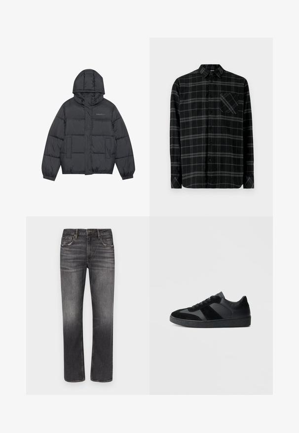 Doudoune en gris foncé avec fermeture éclair, capuche, deux poches avant, poignets élastiques et coussins cousus créant une texture. Logo sur la poitrine.; Chemise en flanelle noire présentant un motif à carreaux gris, boutons sur le devant, manches longues et une poche plaquée sur le côté gauche de la poitrine.; Jean droit pour homme en denim gris foncé avec légère décoloration et design classique à cinq poches sur fond blanc.; Baskets noires combinant cuir lisse et daim, avec une semelle en caoutchouc noire texturée et un détail de rayures discrètes.