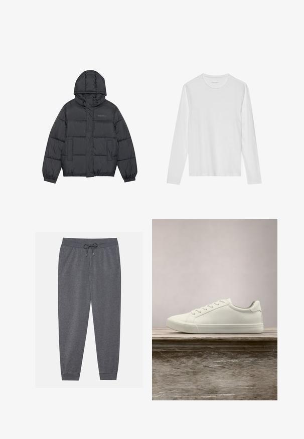 Doudoune en gris foncé avec fermeture éclair, capuche, deux poches avant, poignets élastiques et coussins cousus créant une texture. Logo sur la poitrine.; T-shirt blanc à manches longues en coton doux, avec un col rond et une texture lisse sans motifs ni accents visibles.; Pantalon de survêtement gris avec une taille élastique, cordon de serrage ajustable, poches latérales et poignets resserrés, fabriqué en tissu doux.; Sneaker en dentelle blanche flottant au-dessus d'un banc en bois avec un feuillage vert en arrière-plan, mettant en valeur le design et la texture de la chaussure.