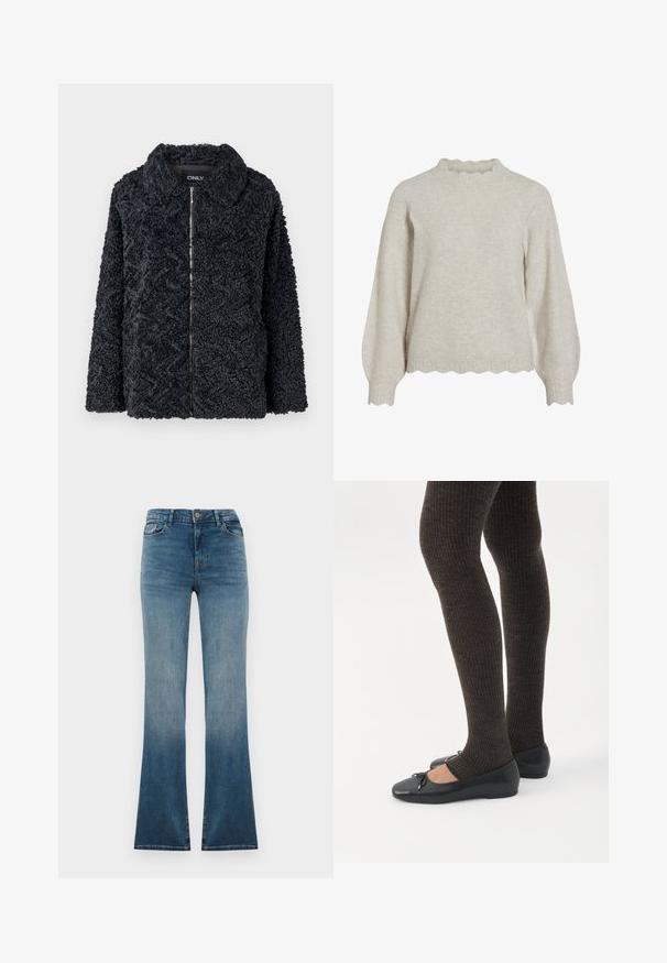 Veste noire, texturée et duveteuse avec un col, fermeture éclair à l'avant et manches longues. Présente un motif en zigzag sur le tissu.; Pull léger beige avec un col et un ourlet à bords festonnés en côtes. Il possède des manches longues en forme de ballon et un tissu doux et texturé.; Jeans en denim bleu évasés avec un dégradé de foncé à clair. Ils présentent une taille traditionnelle, cinq poches et une fermeture à bouton à l'avant.; Jambes portant des leggings côtelés foncés associés à des ballerines noires avec de petits détails en nœud sur fond blanc.