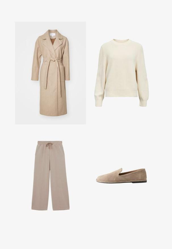 Beige indpakningsfrakke i blødt stof med krave, lange ærmer, forlommer og et matchende bælte bundet i taljen.; Kremfarvet sweater lavet af struktureret strikstof, med rund hals, lange ærmer og ribstrikkede manchetter og kant. Enkel, ensfarvet design.; Beige bukser med vide ben, elastisk talje og snøre, med detaljer ved front-sømmen og afslappet pasform.; Beige ruskind slip-on loafers med rund tå, lav flad hæl, syet sål og elastisk sideindsats for nem påtagning.