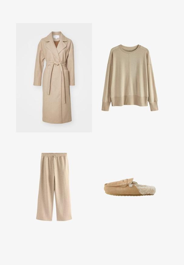 Beige indpakningsfrakke i blødt stof med krave, lange ærmer, forlommer og et matchende bælte bundet i taljen.; Beige strikket sweater med en afslappet pasform, ribbede manchetter og kant, rund halsudskæring og dropped shoulders. Blød tekstur med minimale sømme.; Cremefarvede breddebenede bukser lavet af blødt bomuldsblandingsstof. Har en elastisk talje med snor og en subtil plettet tekstur.; Lysebrun ruskind slip-on tøffel med blødt cremefarvet imiteret pelsfoder og flad gummisål vist fra siden.