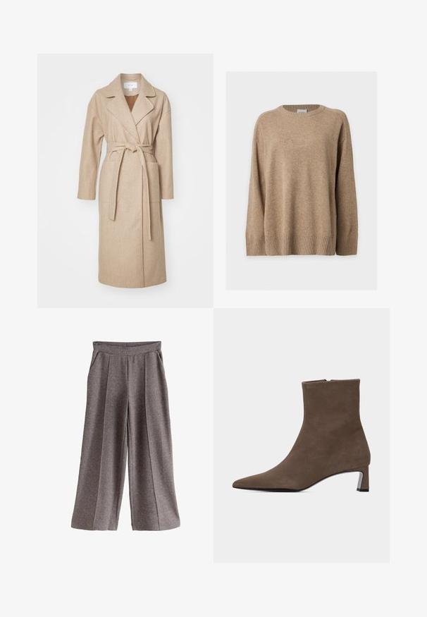 Beige indpakningsfrakke i blødt stof med krave, lange ærmer, forlommer og et matchende bælte bundet i taljen.; Beige langærmet striktrøje med ribstrikkede manchetter, kant og rund hals, vist fladt på en hvid baggrund.; Grå vidde bukser med blødt stof, der har en flad linning, frontlokker og sidelommer. Enkel og alsidig design.; Brun ruskindsankelstøvle med spids tå, sidelukning med lynlås og lav blokhæl på ensartet lys baggrund.