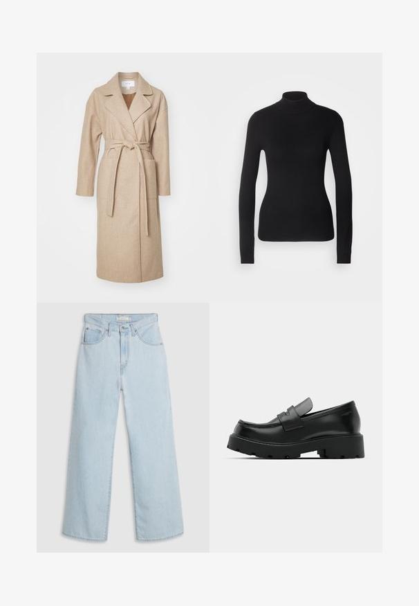 Beige indpakningsfrakke i blødt stof med krave, lange ærmer, forlommer og et matchende bælte bundet i taljen.; Sort turtleneck sweater lavet af let strikket stof. Har lange ærmer, et tætsiddende design og en blød ribbet tekstur.; Lyseblå, vide jeans med høj talje, der har knap- og lynlås lukning, dobbelte forlommer foran og diskrete syningsdetaljer.; Sorte læder loafers med en chunky tekstureret sål, der har en rem over vamps og en glat, poleret finish.