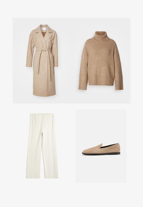 Beige indpakningsfrakke i blødt stof med krave, lange ærmer, forlommer og et matchende bælte bundet i taljen.; Beige rullekravesweater lavet af blødt strikstof. Har ribbet halsudskæring og manchetter, med en afslappet pasform og sænkede skuldersømme.; Koton WIDE LEG - Træningsbukser - beige; Beige ruskind slip-on loafer med sort sål, lav hæl og rund tå, vist fra siden på hvid baggrund.