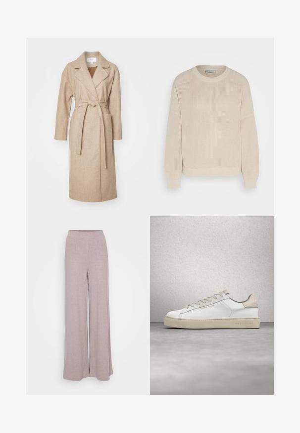 Beige indpakningsfrakke i blødt stof med krave, lange ærmer, forlommer og et matchende bælte bundet i taljen.; Anna Field by Zalando Striktrøje - grey; Viddebukser lavet af blød, ribbet stof i en lys mauve farve. Har en elastisk talje for komfort og en flydende silhuet.; Hvide lædersneakers med en glat overflade, beige ruskindsdetaljer, rund tå, flad snørebåndsdesign og en struktureret gummisål.