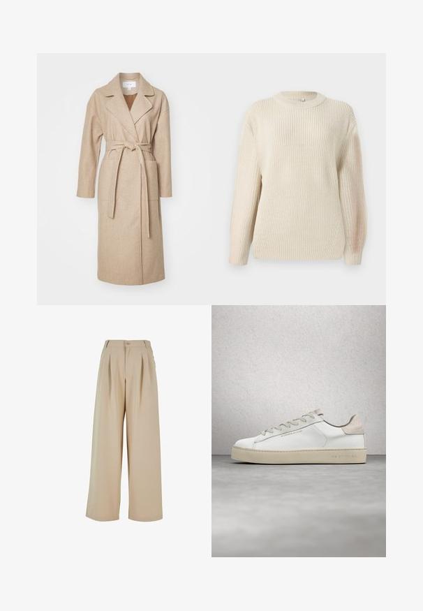 Beige indpakningsfrakke i blødt stof med krave, lange ærmer, forlommer og et matchende bælte bundet i taljen.; Chunky-strikket cremefarvet sweater med rund halsudskæring, forlængede ærmer og en tekstureret finish. Har diskret ribstrik og en afslappet pasform.; Beige vide benbukser med plisseret front, knaplukning og en glat tekstur. Har en skræddersyet talje og sidelommer.; Hvide lædersneakers med en glat overflade, beige ruskindsdetaljer, rund tå, flad snørebåndsdesign og en struktureret gummisål.