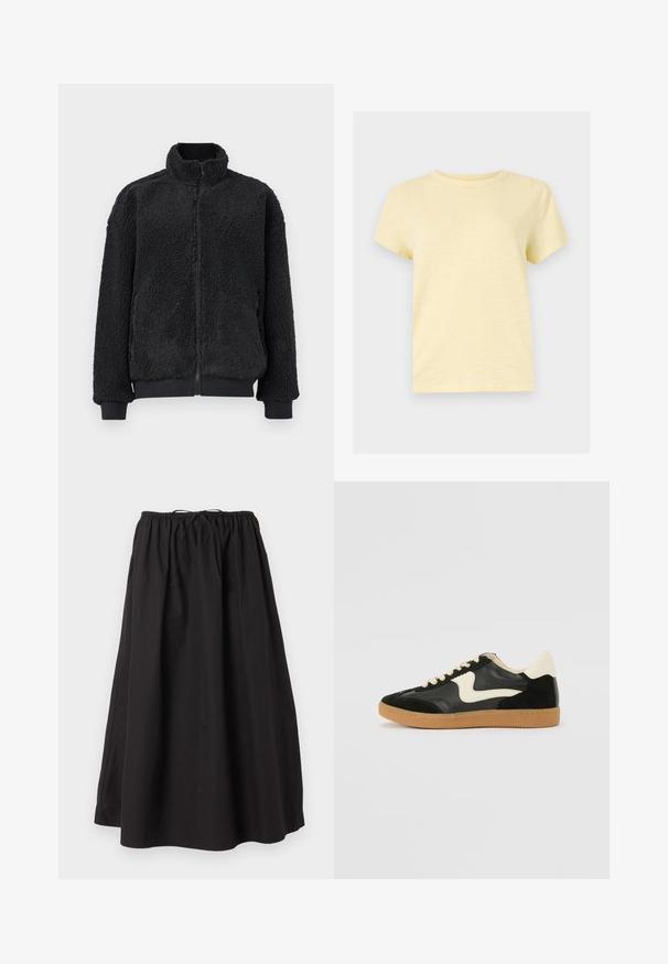 Veste en polaire noire avec col montant, fermeture éclair et poignets côtelés. La texture est douce et duveteuse, avec une coupe décontractée.; T-shirt jaune clair à manches courtes et col rond, au design uni, affiché sur un fond plat gris clair.; Jupe midi ample noire avec taille élastique et cordon de serrage, fabriquée en tissu léger.; Baskets en daim et cuir noir avec un swoosh latéral crème et un talon crème clair. Dotées de lacets beige et d'une semelle en caoutchouc gomme.