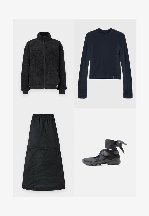 Veste en polaire noire avec col montant, fermeture éclair et poignets côtelés. La texture est douce et duveteuse, avec une coupe décontractée.; Haut à manches longues en navy avec une texture côtelée, présentant des accents à pois le long des manches et un col haut. Logo de la marque en bas à gauche.; Jupe de sport noire en tissu nylon léger et lisse. Elle possède une taille élastique et une coupe simple, longue, en ligne A.; Chaussure de sport noire avec des découpes, des brides en velcro et un lacet autour de la cheville noué en un nœud, vue de côté sur un fond blanc.