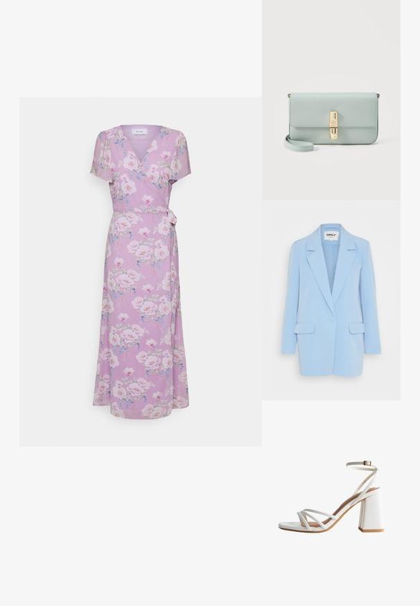 Lyseblå blazer med en enkelt knaplukning, smal krave, to frontlommer og en skræddersyet pasform. Glat stofstruktur.; VILA VIINGRID ANCLE WRAP DRESS - Hverdagskjole - pastel lilacaop; Hvid sandal med høj hæl og blokhæl, tre tynde stropper foran og en ankrem med en lille spænde.; Lyseblå læder clutch med guldfarvet rektangulært spænde og aftagelig håndledsrem på hvid baggrund.