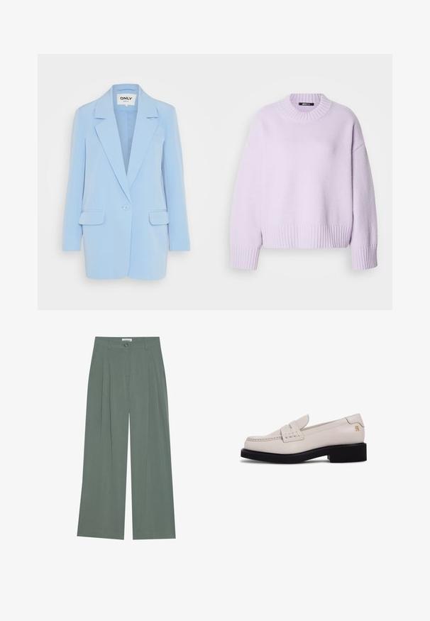 Lyseblå blazer med en enkelt knaplukning, smal krave, to frontlommer og en skræddersyet pasform. Glat stofstruktur.; Lilla sweater lavet af blødt stof med ribstrikket rund halsudskæring samt ribstrikkede manchetter og kant. Komfortabel, afslappet pasform med faldende skuldre.; Grønne vidde bukser med frontfolder, knaplukning og sidelommer. Lavet af blødt, letvægtsstof med en glat overflade.; Kremfarvede loafers i læder med forstykke og lille blokhæl. Har kontrasterende sort sål og diskret brandingdetalje.