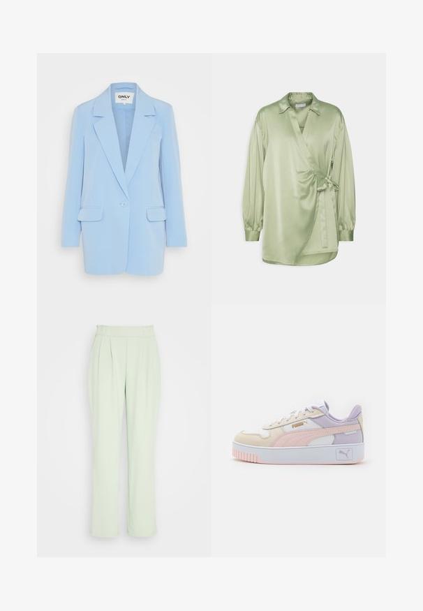 Lyseblå blazer med en enkelt knaplukning, smal krave, to frontlommer og en skræddersyet pasform. Glat stofstruktur.; 2nd Day DARSHA WAVES - Bluse - sage green; VILA VIFEBA PANTS - Bukser - desert sage; Herresneakers i creme, pink og lavendel, fremstillet af syntetisk læder, med hvide snørebånd, en tyk hvid sål og guld logo accenter.