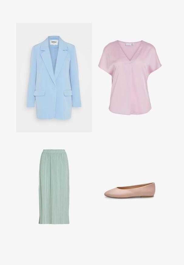 Lyseblå blazer med en enkelt knaplukning, smal krave, to frontlommer og en skræddersyet pasform. Glat stofstruktur.; Lyserød kortærmet bluse med V-udskæring og løs pasform, lavet af glat stof, med en lille frontplisse-detalje.; Lysegrøn plisseret midinederdel med elastisk talje, lige pasform og let stof.; Lyserød ballerina i læder med spids tå, glat tekstur, få detaljer og en solid lys brun sål. Enkelt design uden pynt.