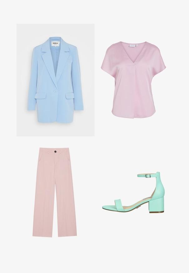 Blazer azul claro con cierre de un solo botón, solapas con muesca, dos bolsillos frontales y un ajuste entallado. Textura de tela suave.; Blusa rosa claro de manga corta con escote en V y corte suelto, hecha de tela suave, con un pequeño detalle de pliegue en la parte delantera.; Pantalones de pierna ancha de color rosa claro, confeccionados en una tela suave, que presentan un cierre frontal con botón, dos bolsillos laterales y una silueta ajustada.; Sandalia de tacón cuadrado verde menta con correa en el tobillo, que presenta una banda ancha en la puntera y material sintético suave. Diseño simple y moderno.