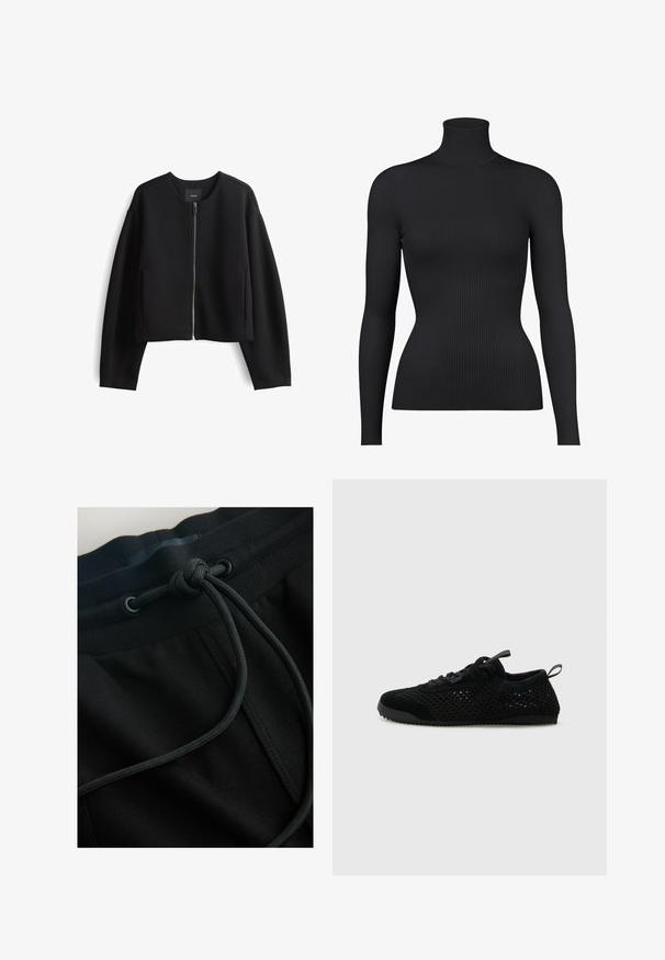Zwarte cropped zip-up jas van soepel materiaal. Heeft een ronde halslijn, lange mouwen en zijzakken. Minimalistisch ontwerp.; Zwarte geribde coltrui met lange mouwen, met een nauwsluitende pasvorm en textuurstof.; Zwarte joggerbroek met een tailleband met trekkoord en een gestructureerde stof, met de nadruk op vloeiende lijnen en een minimalistisch ontwerp.; Zwarte sportieve schoenen met een bovenwerk van mesh, suède accenten en een gestructureerde zool. Lichtgewicht ontwerp met een laag profiel.