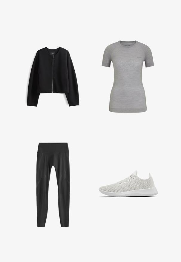 Schwarze, knöchellange Zip-Jacke aus glattem Stoff. Verfügt über einen runden Halsausschnitt, lange Ärmel und seitliche Taschen. Minimalistisches Design.; Hellgraues Sportshirt mit kurzen Ärmeln, atmungsaktiver Textur und gemustertem Mesh-Detail. FALKE-Logo auf der Vorderseite. Rundhalsausschnitt.; Schwarze Leggings mit hochgeschnittenem Bund, aus dehnbarem Material mit einem subtilen, strukturierten Muster entlang der Seiten. Enganliegendes Design.; Allbirds TREE RUNNERS - Sneaker low - kaikoura white (white sole)