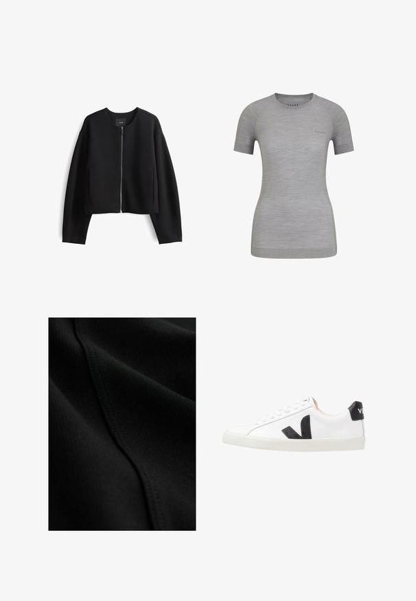 Zwarte cropped zip-up jas van soepel materiaal. Heeft een ronde halslijn, lange mouwen en zijzakken. Minimalistisch ontwerp.; Lichtgrijs sportshirt met korte mouwen, gemaakt van ademend materiaal en voorzien van een gemêleerd gaasdetail. FALKE-logo op de voorkant. Ronde halslijn.; Close-up van zwart textiel met fijne geribbelde structuur en een zichtbare naad die diagonaal over het oppervlak loopt.; Witte sneaker met een zwart V-logo, voorzien van een gladleren bovenwerk, ronde neus, vetersluiting en een contrasterende zwarte hieltab.
