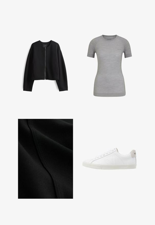 Schwarze, knöchellange Zip-Jacke aus glattem Stoff. Verfügt über einen runden Halsausschnitt, lange Ärmel und seitliche Taschen. Minimalistisches Design.; Hellgraues Sportshirt mit kurzen Ärmeln, atmungsaktiver Textur und gemustertem Mesh-Detail. FALKE-Logo auf der Vorderseite. Rundhalsausschnitt.; Nahaufnahme eines schwarzen Stoffes mit feiner gerippter Textur und sichtbarer Naht, die diagonal über die Oberfläche verläuft.; Weiße Ledersneaker mit einer strukturierten, cremefarbenen Gummisohle. Zu den Merkmalen gehören Schnürsenkel, dezente Nähte und ein grauer Wildleder-Hackeneinsatz.