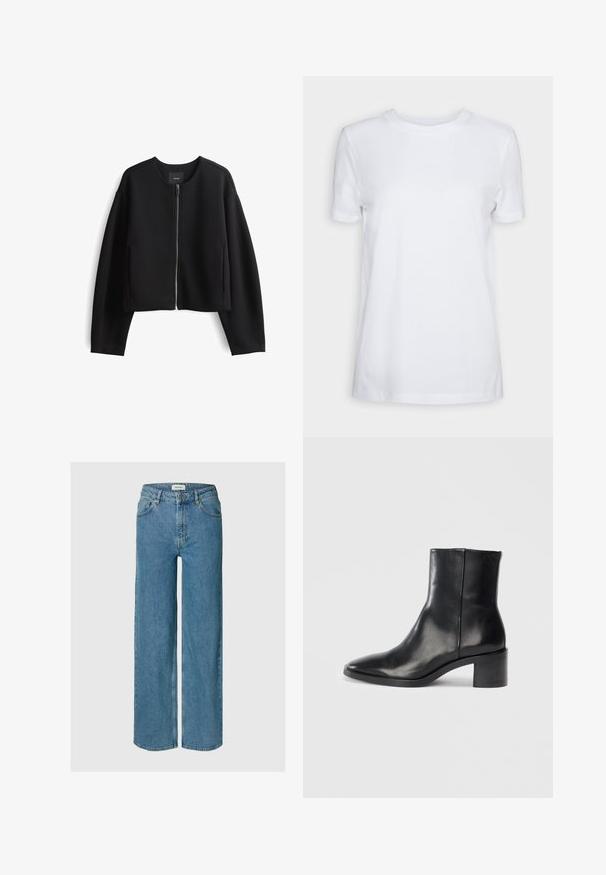 Zwarte cropped zip-up jas van soepel materiaal. Heeft een ronde halslijn, lange mouwen en zijzakken. Minimalistisch ontwerp.; Effen wit T-shirt met korte mouwen en ronde hals, normale pasvorm en een klein label aan de binnenkant van de hals met de tekst "SELECTED FEMME."; Blauwe jeans met hoge taille en wijde pijpen, met voorzakken, knoopsluiting en riemlussen, afgebeeld tegen een eenvoudige achtergrond.; Zwarte leren enkellaars met een puntige neus, lage blokhak en subtiele reliëflogo. Gladde textuur met een strak ontwerp en minimale stiksels.