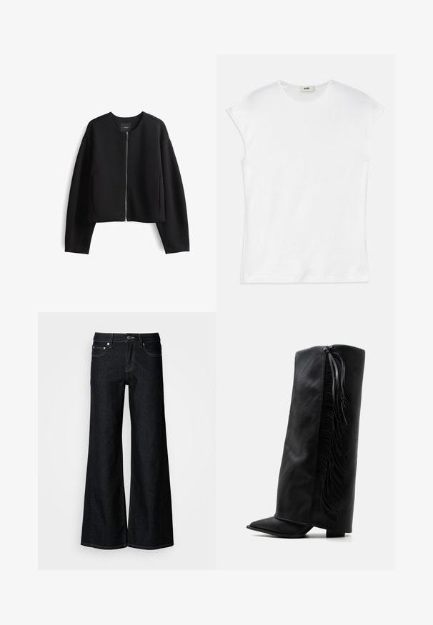 Zwarte cropped zip-up jas van soepel materiaal. Heeft een ronde halslijn, lange mouwen en zijzakken. Minimalistisch ontwerp.; Witte T-shirt met korte mouwen van katoen. Het heeft een ronde halslijn en een gladde, zachte textuur met een ontspannen pasvorm. Geen patronen of accenten.; Donkere denim jeans met wijde pijpen, een hoge taille, een ontwerp met vijf zakken en contrasterende gele stiksels langs de naden.; Zwarte leren kniehoge laars met spits toelopende neus en decoratieve franjes langs de buitenkant tegen een effen witte achtergrond.