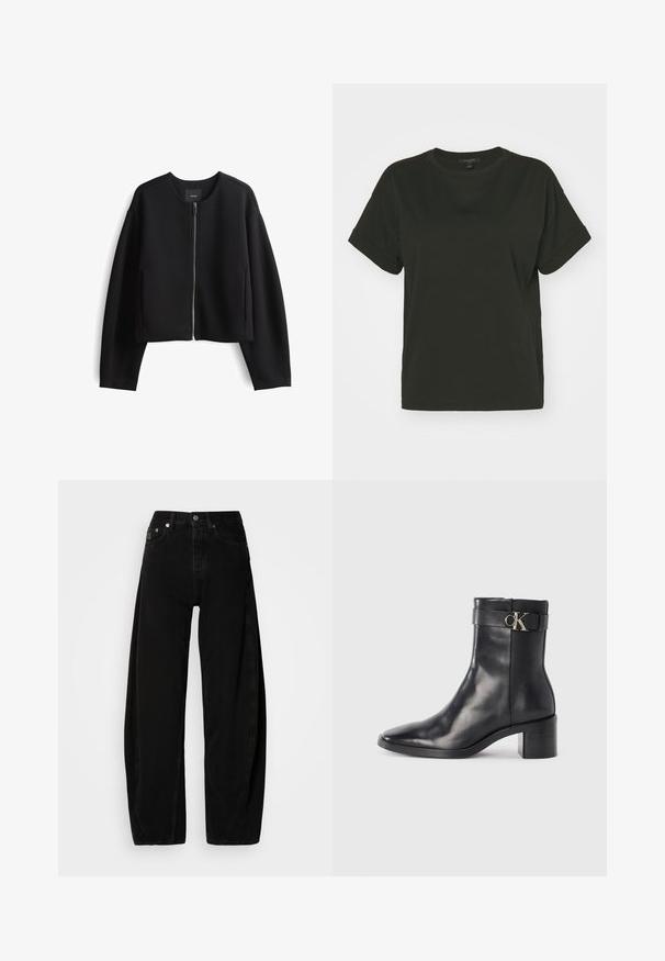 Schwarze, knöchellange Zip-Jacke aus glattem Stoff. Verfügt über einen runden Halsausschnitt, lange Ärmel und seitliche Taschen. Minimalistisches Design.; AllSaints LISA TEE - T-Shirt basic - black; Schwarze Denim-Hosen mit weitem Bein und hoher Taille, ausgestattet mit einer Knopfleiste, fünf Taschen und minimalistischen Nähdetails.; Schwarze Leder-Ankle Boots mit spitzem Zehenbereich, Blockabsatz und einem Riemen mit einem metallischen Logodetail. Glatte Textur und minimales Design.