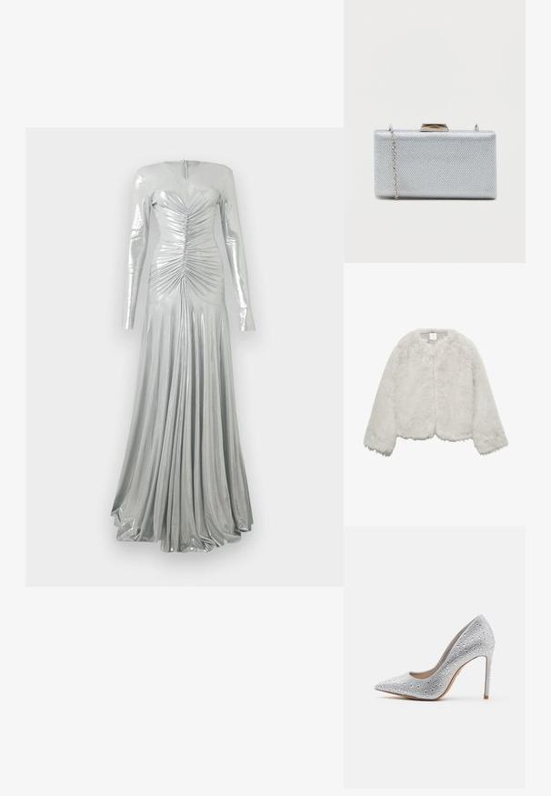 Veste en fausse fourrure grise avec un col rond, des manches longues et une coupe courte. Texture douce avec une finition pelucheuse. Aucune fermeture visible.; Robe longue à manches longues en métal argenté avec des détails froncés sur le corsage et une jupe longue plissée et fluide jusqu'au sol.; Escarpin argenté à talon haut avec une pointe conique, orné de strass, texture lisse et un talon stiletto se rétrécissant à une base étroite.; Clutch rectangulaire en argent fabriqué en tissu métallique texturé, avec une fermeture à fermoir et une chaîne amovible pour le transport.