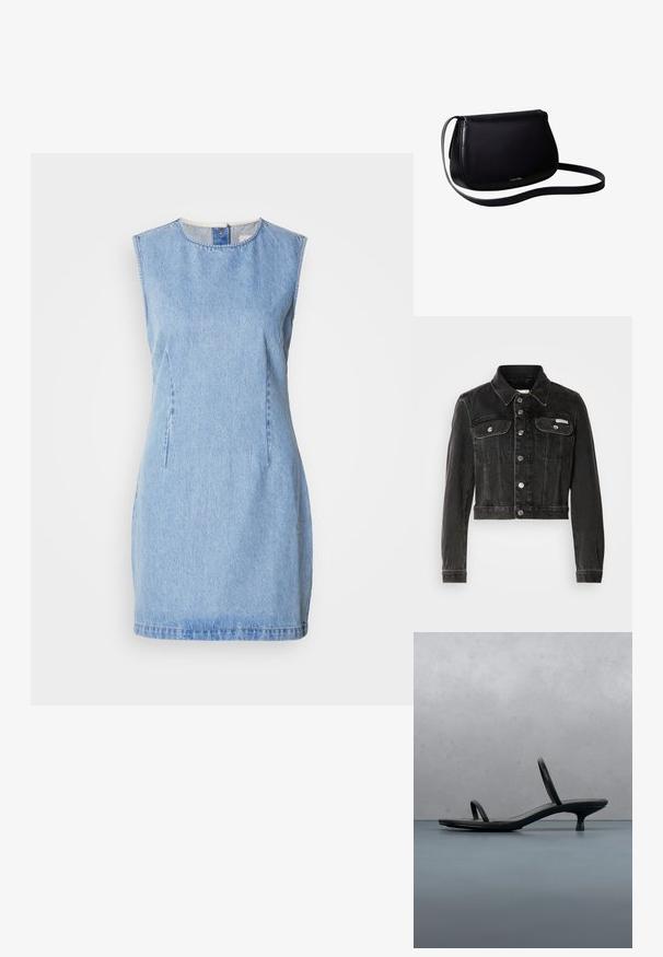 Sort cropped denimjakke med knaplukning, to brystlommer og spids krave. Har sølvfarvet hardware og en falmet tekstur.; Denim kjole i lyseblå, ærmeløs design med rund halsudskæring og side sømdetaljer. Har en lige skæring og let tekstur.; Sort Calvin Klein sandal med hæl og tynde stropper, balancerende på træfliser udendørs nær en væg og grønne planter.; Sort læder skuldertaske med buet form og tynd rem, lille guldfarvet Calvin Klein-logo centreret nær bunden.