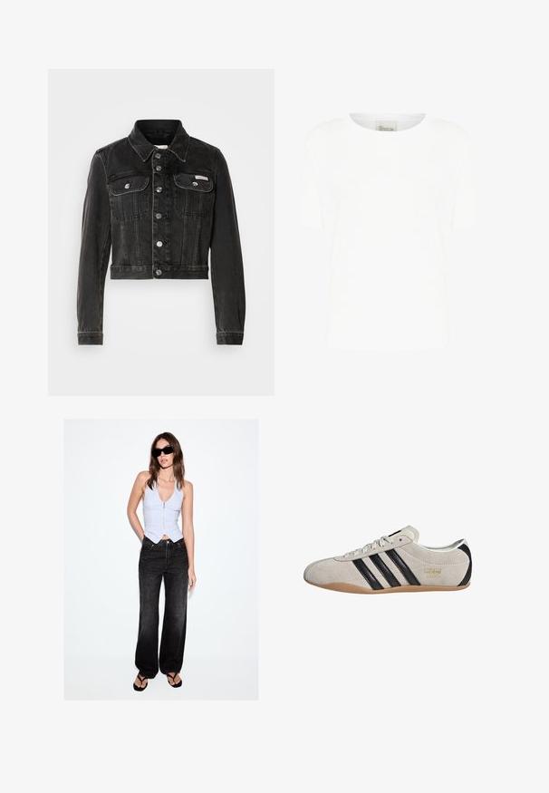 Sort cropped denimjakke med knaplukning, to brystlommer og spids krave. Har sølvfarvet hardware og en falmet tekstur.; Hvid kortærmet t-shirt lavet af blødt bomuld, med rund halsudskæring og en afslappet pasform, uden synlige mønstre eller accenter.; Kvinde iført sorte solbriller, ærmeløs hvid top med lynlås, løse sorte jeans og sorte klipklappere, stående mod hvid baggrund.; Suedesneakers med en grå overdel, sorte striber og en gummisål. Har snørelukning og en guldfarvet logo-detalje på siden.
