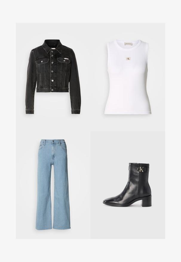 Sort cropped denimjakke med knaplukning, to brystlommer og spids krave. Har sølvfarvet hardware og en falmet tekstur.; Hvid ribbet ærmeløs top med Calvin Klein Jeans-mærke på brystet og indvendig nakkemærke.; Lyseblå vidde jeans lavet af denim, med en tætsiddende talje, fem-lomme design og subtile syningsdetaljer.; Sort læder ankelstøvle med spids tå, blokhæl og en rem med en metallisk logo detalje. Glat tekstur og minimalistisk design.