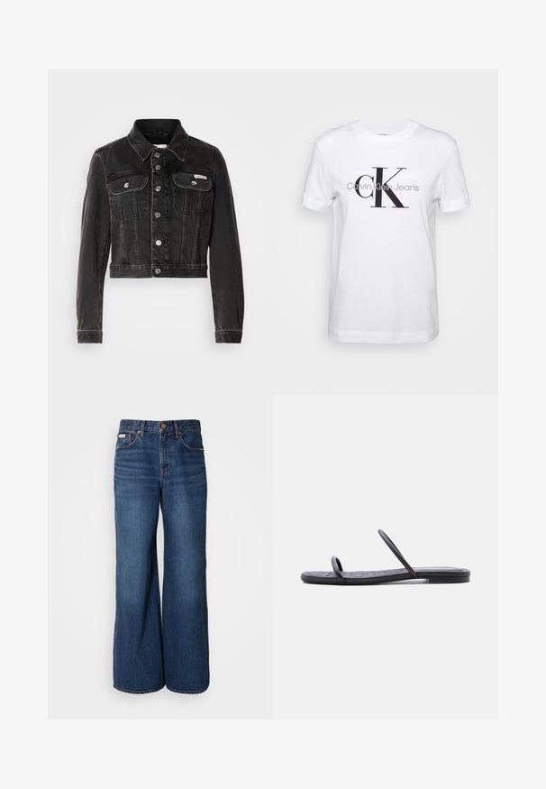 Sort cropped denimjakke med knaplukning, to brystlommer og spids krave. Har sølvfarvet hardware og en falmet tekstur.; Hvid bomulds T-shirt med korte ærmer, prydet med et stort sort "CK" logo og teksten "Calvin Klein Jeans" nedenfor i grå.; Bredde jeans lavet af mørkeblåt denim. Funktioner inkluderer en høj talje, fem lommer og kontrasterende orange syninger langs sømmene.; Sort flad sandal med tynd quiltet sål og to smalle stropper over tæerne og midtfoden, vist i sideprofil på hvid baggrund.