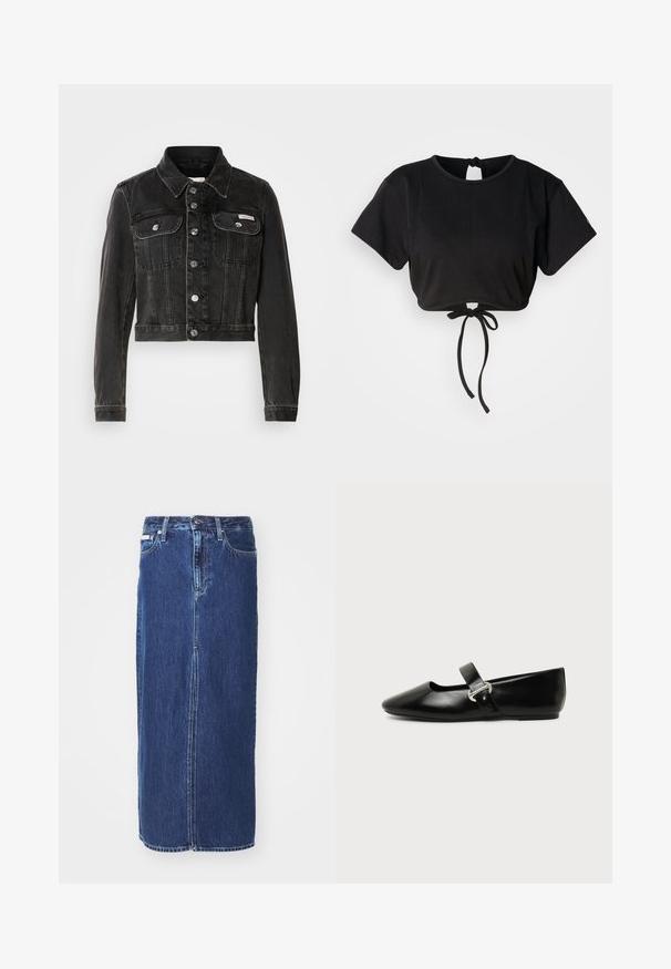 Schwarze, verkürzte Jeansjacke mit Knopfleiste, zwei Brusttaschen und spitzem Kragen. Verfügt über eine silberfarbene Hardware und eine verblasste Textur.; Schwarzes, kurz geschnittenes T-Shirt aus weichem Stoff, mit kurzen Ärmeln, einem runden Halsausschnitt und einem Bindeband auf der Rückseite zur Anpassung.; Denimrock in Dunkelblau, knielang, mit einem vorderen Schlitz, traditionellem Bund und Fünf-Taschen-Design mit kontrastierenden Nähten.; Schwarzer Ledermary-Jane-Flachschuh mit abgerundetem Zehenbereich und silberner Schnalle auf einfachem Hintergrund.