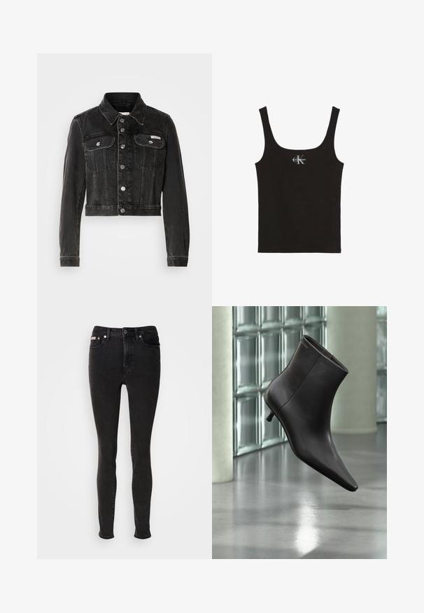 Sort cropped denimjakke med knaplukning, to brystlommer og spids krave. Har sølvfarvet hardware og en falmet tekstur.; Sort ribbet tanktop med brede stropper og Calvin Klein-logo i hvid på brystets midte, sat mod en hvid baggrund.; Sorte skinny jeans lavet af denim med en glat tekstur, der har fem-lomme-design, bæltestropper og lukning med metalknap.; Sort læderankelstøvle med spids tå og lille hæl vist mod en væg af glasblokke og poleret gulv baggrund.