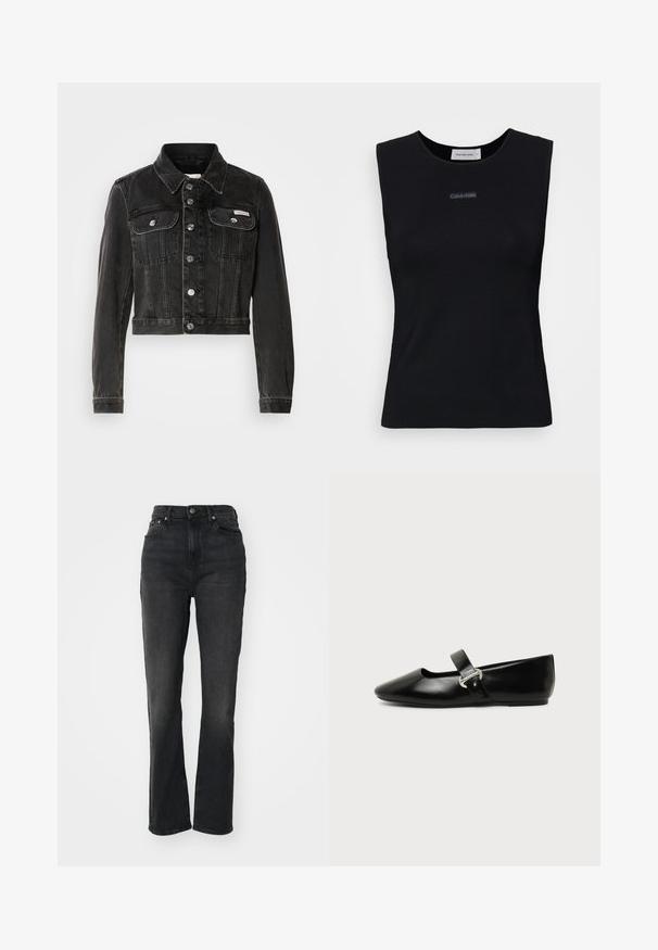 Zwarte cropped denimjacket met knoopsluiting, twee borstzakken en puntige kraag. Heeft rigide zilverkleurige accenten en een vervaagde textuur.; Zwart mouwloos topje gemaakt van gladde stof. Heeft een ronde halslijn en een klein Calvin Klein-logo in het midden. Eenvoudig en aansluitend ontwerp.; Hoge zwarte denim jeans met rechte pijpen, vijf-pocket ontwerp, sluiting met een knoop aan de voorkant en minimale stikseldetails.; Zwarte leren Mary Jane platte schoen met een afgeronde neus en zilveren gespsluiting op een effen achtergrond.