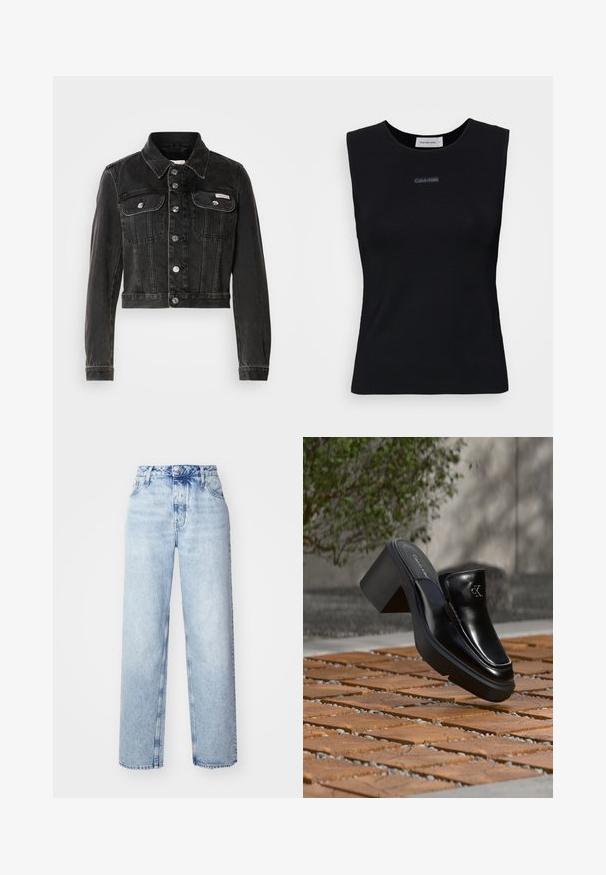 Schwarze, verkürzte Jeansjacke mit Knopfleiste, zwei Brusttaschen und spitzem Kragen. Verfügt über eine silberfarbene Hardware und eine verblasste Textur.; Schwarzes ärmelloses Top aus glattem Stoff. Merkmale einen runden Ausschnitt und ein kleines Calvin Klein Logo in der Mitte. Einfaches und figurnahes Design.; Hellblaue High-Waist-Jeans mit lockerer Passform, geradem Bein, fünf Taschen und klassischem Knopf- und Reißverschluss.; Schwarze Leder-Slip-on-Mule von Calvin Klein mit Blockabsatz, die auf Holzfliesen im Freien nahe einer grünen Pflanze und einer grauen Wand ruht.