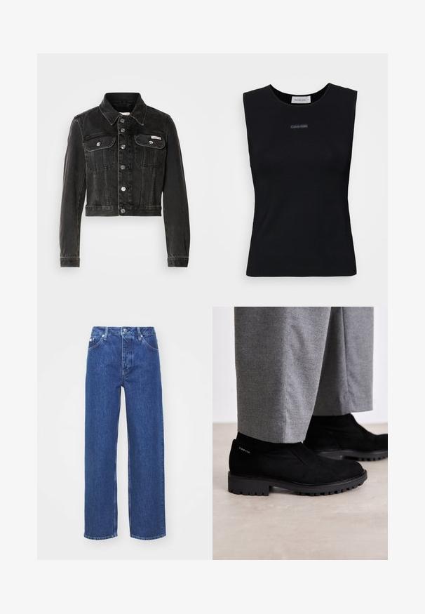 Sort cropped denimjakke med knaplukning, to brystlommer og spids krave. Har sølvfarvet hardware og en falmet tekstur.; Sort ærmeløs top lavet af glat stof. Har en rund halsudskæring og et lille Calvin Klein-logo i midten. Simpelt og tætsiddende design.; Blå denim bred-benede jeans med høj talje, med lynlås og knaplukning, bæltestropper og subtilt falmet detaljer på stoffet.; Sorte suede ankelstøvler med gummisål, der har et elastisk sidepanel og et logo akcent på hælen. Parret med grå bukser.