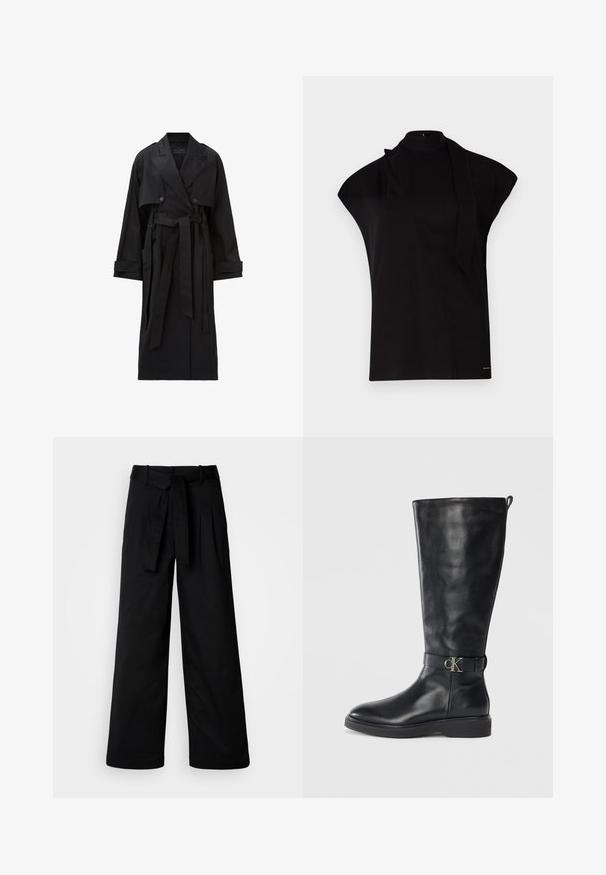 Lang sort trenchcoat med brede klaplag, dobbeltradede knapper, frontklap, manchetremme og et bundet taljebælte.; Sort, højhalset top med korte ærmer, der har et asymmetrisk design og et langt halsbånd. Lavet af glat stof med et minimalistisk udtryk.; Sorte bukser med bred benvidde og bæltestrop, der har et enkelt design og en glat tekstur, lavet af et holdbart materiale.; Sorte læder knæhøje støvler med lav hæl, rund tå og metallisk "CK" logo spænde om anklen.