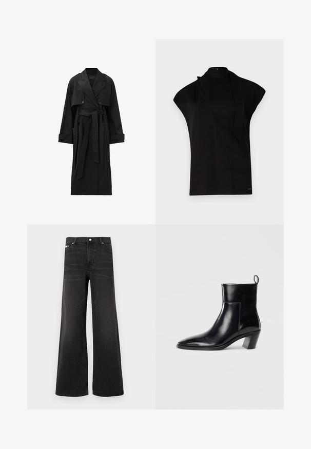 Lang sort trenchcoat med brede klaplag, dobbeltradede knapper, frontklap, manchetremme og et bundet taljebælte.; Sort, højhalset top med korte ærmer, der har et asymmetrisk design og et langt halsbånd. Lavet af glat stof med et minimalistisk udtryk.; Sorte denim-jeans med vidde ben, lukkes foran med knap og lynlås, bæltestropper og fem-lomme-design.; Sort læder ankelstøvle med spids tå, geometrisk stablet hæl og en løftestrop bagpå. Glat tekstur og slankt design.