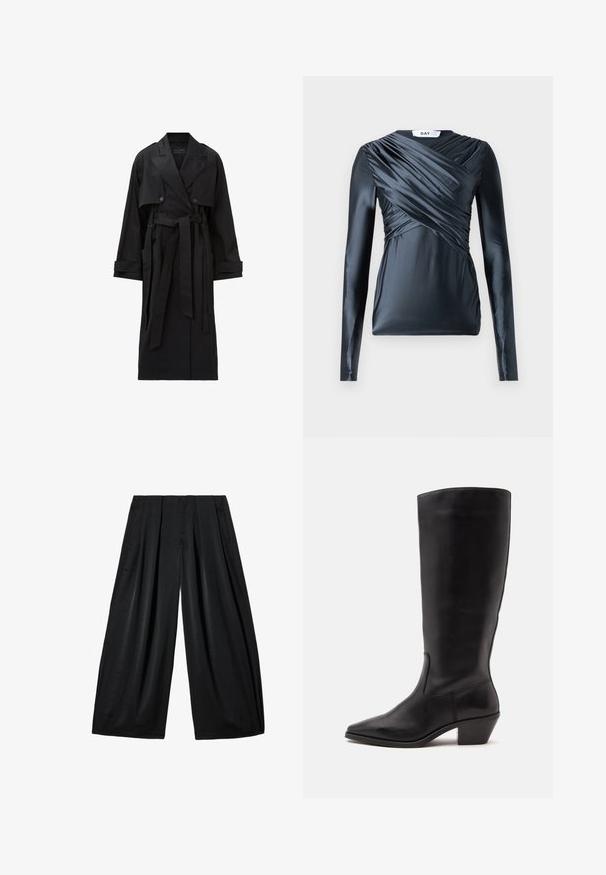 Lang sort trenchcoat med brede klaplag, dobbeltradede knapper, frontklap, manchetremme og et bundet taljebælte.; Langærmet top i mørk navy satin med samlede detaljer foran og glat tekstur, der har en rund halsudskæring og tætsiddende silhuet.; Sorte bukser med viddeben, høj talje og forfoldninger foran, lavet af glat stof, lagt fladt på en hvid baggrund.; Sort læderstøvle til midtkalv med spids tå og lavt skråt hæl på en enkel lys baggrund.