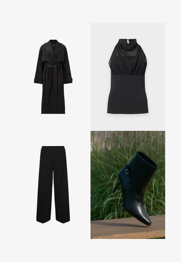Lang sort trenchcoat med brede klaplag, dobbeltradede knapper, frontklap, manchetremme og et bundet taljebælte.; Sort ærmeløs haltertop med gennemsigtigt mesh øverste del og høj sammenrynket halsudskæring, tætsiddende ved taljen.; Sorte viddebukser med høj talje og skræddersyede sømme, vist på en hvid baggrund.; Sort læderankelstøvle med spids tå, stablet hæl, skinnende tekstur og en dekorativ rem med en sølvspænde.