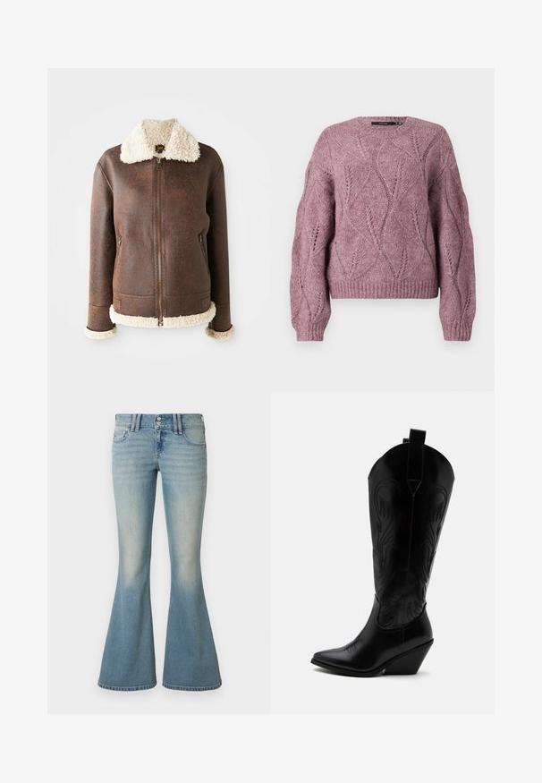 Bruine lederen jas met een romige shearlingschouder en -manchetten. Voorzien van een frontale rits en twee zijzakken. Versleten textuur overal.; Gebreide cropped trui in zacht roze met een textuurpatroon van bladeren, ronde hals en ribbelmanchetten en -zoom. Gemaakt van een comfortabele wolmix.; Lichtblauwe denim flared jeans met een hoge taille, subtiele vervaging, twee zakken aan de voorkant en twee zakken aan de achterkant met knoopsluiting.; Zwarte leren cowboylaars met puntige neus, schuine blokhak, decoratieve stiksels en aantreklusjes bovenaan tegen een witte achtergrond.