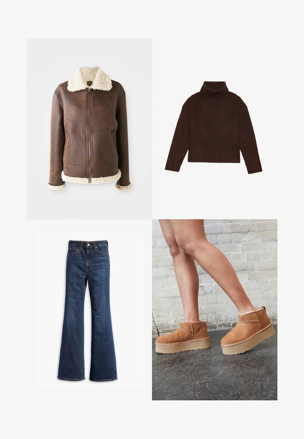Bruine lederen jas met een romige shearlingschouder en -manchetten. Voorzien van een frontale rits en twee zijzakken. Versleten textuur overal.; Bruine geribbelde coltrui met lange mouwen en een cropped silhouet, met een dikke, gestructureerde brei ontwerp.; Hogegarende donkerblauwe denim jeans met flared pijpen, sluiting met een knoop en rits aan de voorkant, en ontwerp met vijf zakken.; Bruine suède enkelboots met een zachte voering, dikke beige plateauzool en een achterste lus. Getextureerde oppervlakte met zichtbare stiksels.