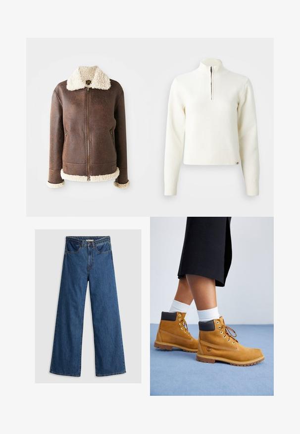 Bruine lederen jas met een romige shearlingschouder en -manchetten. Voorzien van een frontale rits en twee zijzakken. Versleten textuur overal.; Witte sweater met ritssluiting en lange mouwen. Gemaakt van een zachte gebreide stof, met ribgebreide boorden en een zoom. Subtiele merklogo aan de zoom.; Wijde blauwe denim jeans met een hoge taille, voorzien van een klassiek vijf-pocket ontwerp en een gestructureerde tailleband.; Tan suède enkellaarsjes met bruine leren accenten, gouden oogjes en een getextureerde zool. Witte sokken zichtbaar boven de laarsjes.