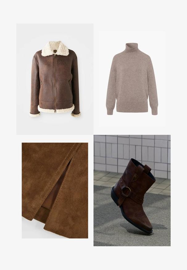 Brun læderjakke med en cremet shearlingkrave og manchetter. Har frontlynlås og to sidelommer. Slidt tekstur over det hele.; Beige strik med høj hals og lange ærmer, ribstrikkede ærmegab, kant og krave, vist på hvid baggrund.; Brun ruskind, der viser en tæt på-udsigt af en sprække med syning detaljer, der afslører en kontrasterende indvendig foring. Blød tekstur og mat finish.; Brun læder ankelstøvle med dekorativ spænde og syning, hvilende på en tekstureret overflade med flisebelagt væg i baggrunden.