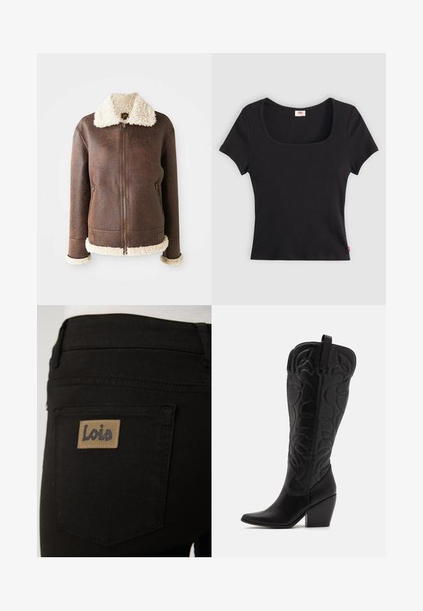 Chaqueta de cuero marrón con un suave cuello y puños de borreguillo crema. Presenta cierre frontal y dos bolsillos laterales. Textura envejecida en toda la prenda.; Top negro de manga corta hecho de tejido acanalado, con un escote cuadrado amplio y una forma ajustada, con una pequeña etiqueta de logo rojo en el dobladillo.; Vaqueros de mezclilla negra con un bolsillo trasero liso que lleva una etiqueta rectangular de color marrón claro con la inscripción "Lois" en relieve. Textura suave y diseño clásico.; Botas negras de cuero hasta la rodilla con punta puntiaguda y tacón apilado. Presentan costuras decorativas y elementos de diseño curvados.